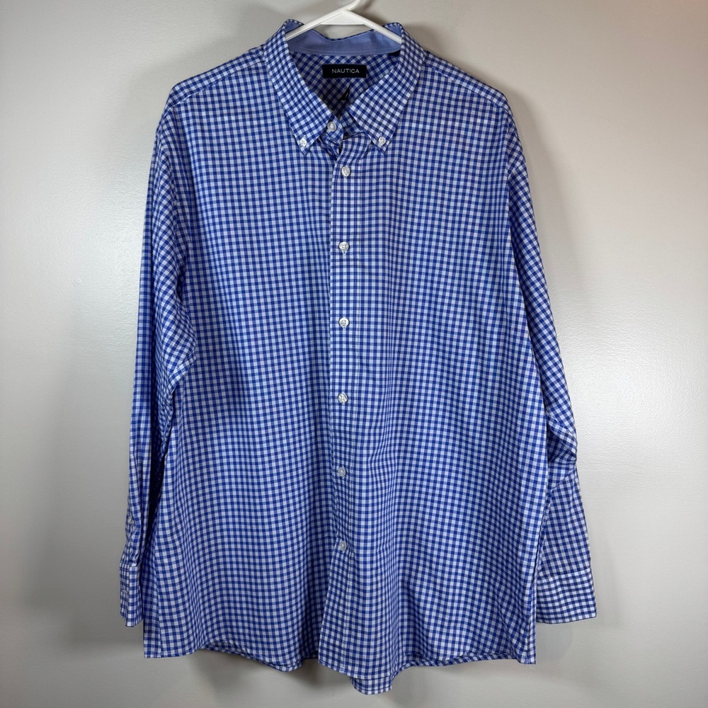 Nautica Mens XL Gingham Button Down Shirt Blue‎ White Long Sleeve Checkered